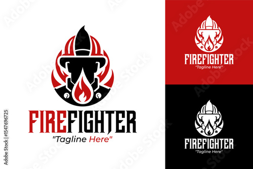 Modern Firefighter Logo with Fire and Protective Helmet Design