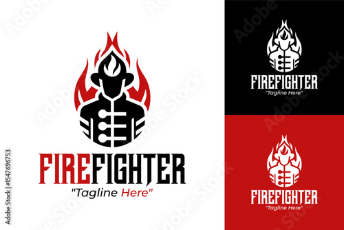 Creative Firefighter Logo with Flames and Firefighter Icon in Red and Black