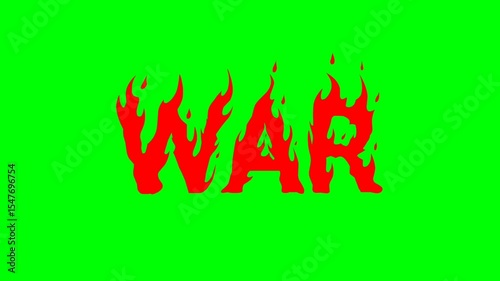 War text in red flames with blazing animation on green screen background