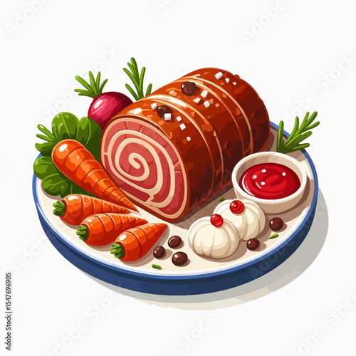 Vibrant digital illustration of a sliced meat roll served with vegetables, carrots, and a side of sauce on a plate.  It's a festive and appetizing presentation.
