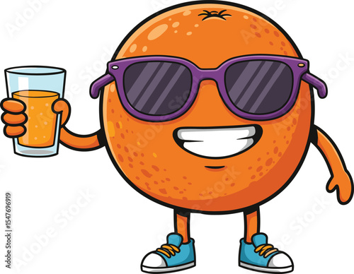 Funny orange cartoon character with sunglasses, holding juice glass, smiling fruit mascot, healthy lifestyle vector, citrus illustration, isolated clipart