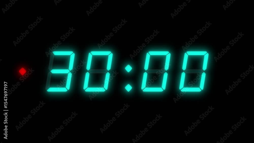 4-digits 30 seconds digital clock countdown timer. Glowing Cyan digits on black background with flashing red light. Retro digital alarm clock.
