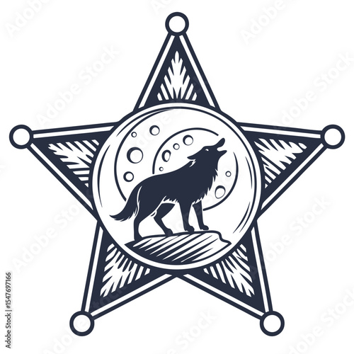 Howling wolf silhouette on sheriff star badge moonlit night design