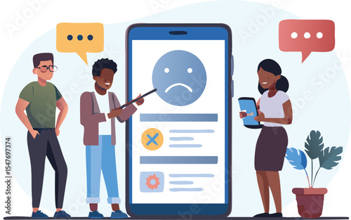 Three people discussing a mobile app with a sad face and settings icons on a large smartphone screen