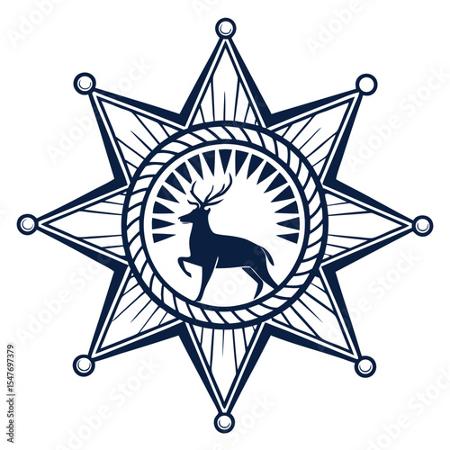 Elegant dark blue eight pointed star badge with a deer silhouette