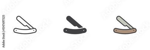 Straight razor icon set in line, solid and filled outline style