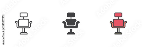 Barber chair icon set in line, solid and filled outline style