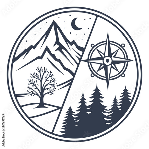 Adventure emblem featuring mountains compass tree and forest