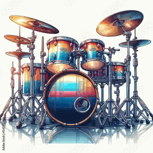Detailed graphic illustration of a drum kit, displaying vibrant hues and a modern design.  The drum set is presented against a white background with a reflection effect.