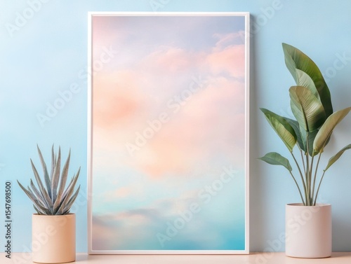 Artistic display of pastel clouds printed on wall against a light blue background with decorative plants in cozy interior setting