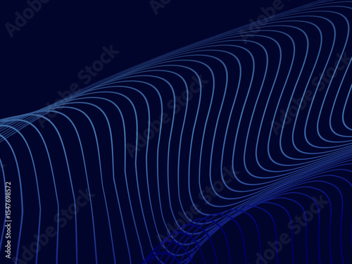 Blue background with modern abstract wave lines. Wave pattern of dark blue thin lines overlapping each other, creating a dynamic and technological abstract background.