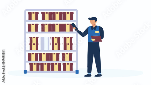 Man in uniform checking boxes on shelves with clipboard in a warehouse or storage facility area