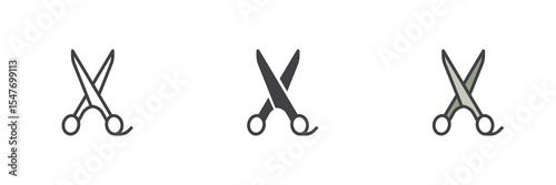 Hair cutting scissors icon set in line, solid and filled outline style