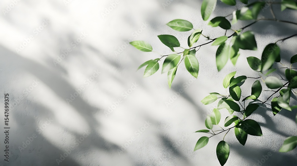 Obraz premium Fresh green leaves and shadow overlay on white concrete wall background enhancing natural light and texture