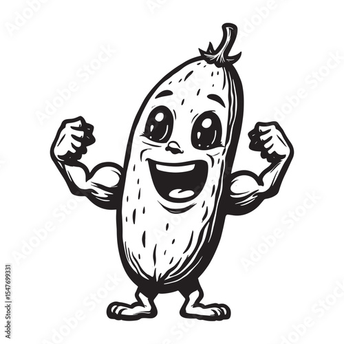 Strong cucumber character flexing muscles cartoon vegetable mascot illustration black white drawing.
