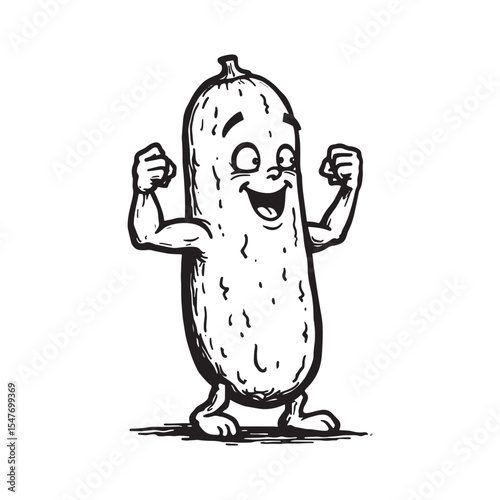 Strong cucumber character flexing muscles cartoon vegetable mascot illustration black white drawing.