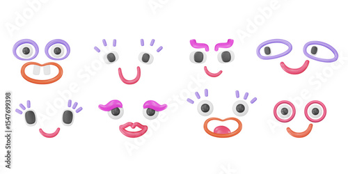 Set of 3d joyous and quirky characters emojis in plastic style. Doodle wondering eyes with smile, lips. Playful geometric shapes, funky stickers, childish comic elements. Vector illustration.