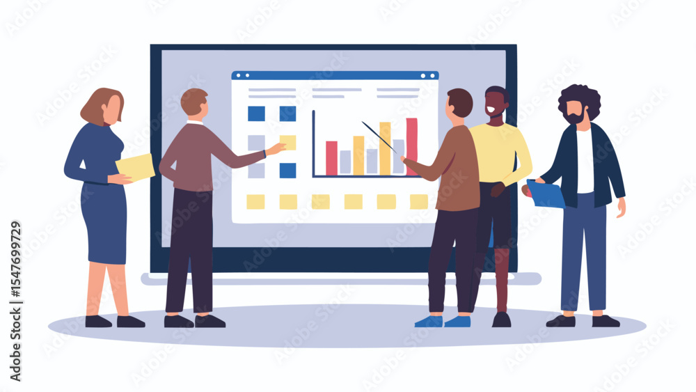 Obraz premium Diverse group of professionals collaborating on a presentation with bar charts and data visualization displayed