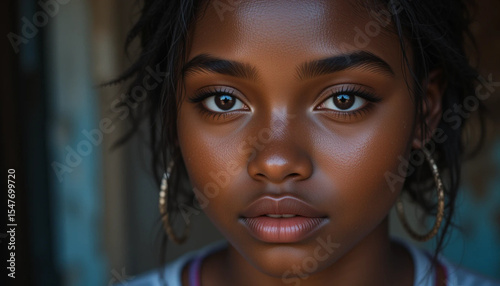 Close-up Portrait of Young African American Woman with Hoop Earrings