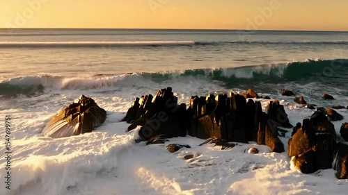 Waves with White Foam Washing Over Black Rocks at Golden Hour. White foam waves gently wash over sharp black rocks in rhythmic motion. Captured at golden hour, evoking a calm, meditative coastal mood