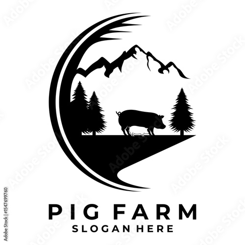 Pig with mountain logo design vector template. Pig Farm logo design