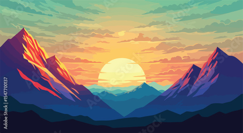  A beautiful Scenery of sunrise in mountains vector art 
