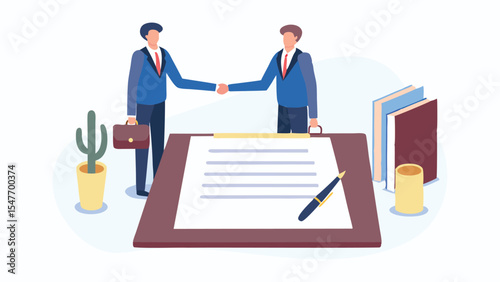 Two businessmen shaking hands over a contract on a desk with a pen and books in an office setting