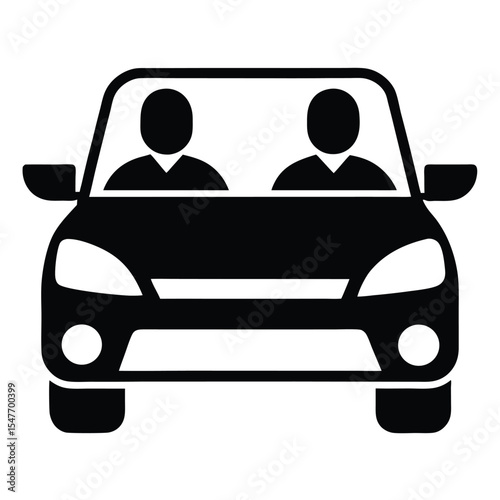 Front-View Carpool Icon with Two Passengers – Ride-Share Symbol in Black and White
