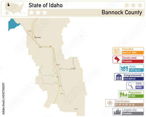Detailed infographic and map of Bannock County in Idaho USA.