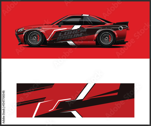 Red Sports Car with Black and White Graphics on a Red Background