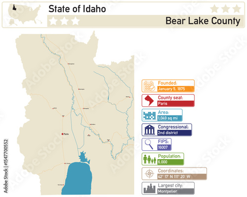 Detailed infographic and map of Bear Lake County in Idaho USA.