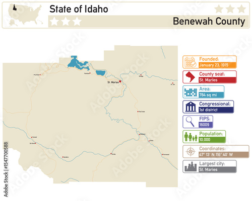 Detailed infographic and map of Benewah County in Idaho USA.