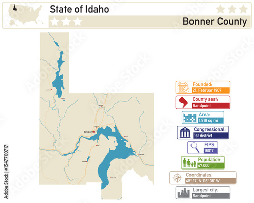 Detailed infographic and map of Bonner County in Idaho USA.