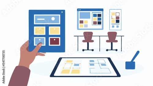 Illustration of a hand holding a tablet with app designs in an office environment with desks and chairs