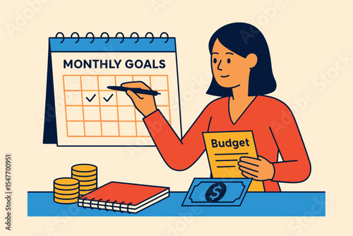 Flat Vector of Woman Planning Monthly Financial Goals with Budget Sheet, Calendar, and Money Icons