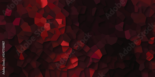 Geometric mosaic composed of deep red and burgundy shapes evoking a sense of rich texture and passionate energy within a dark design.
