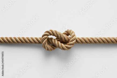 A tan rope is tied in a knot isolated on white background