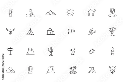 Desert and wild west line icon set, nature, landscape, and adventure vector collection