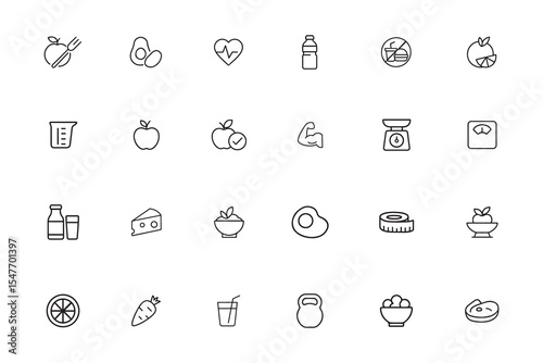 Health, diet, and fitness line icon set, healthy food and nutrition outline symbols, vector collection
