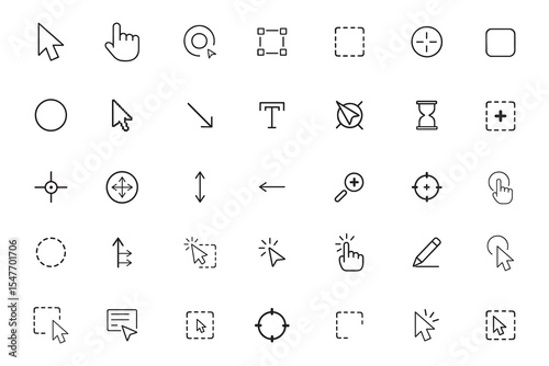 Cursor and pointer line icon det, UI and UX selection tools, computer arrow and click symbols, vector collection