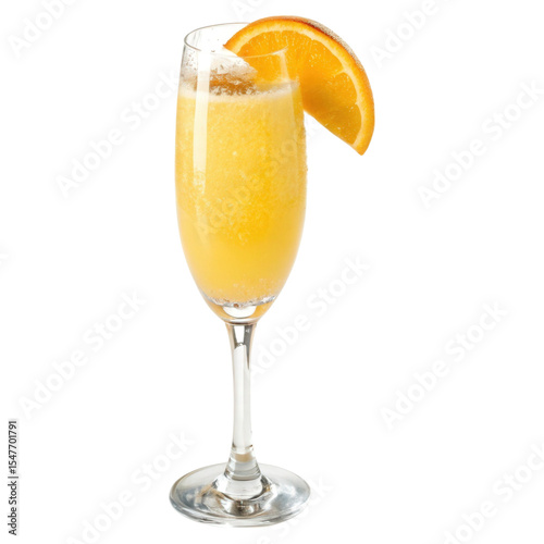 Refreshing orange mimosa served in a stemmed glass on a white backdrop for brunch or special occasions