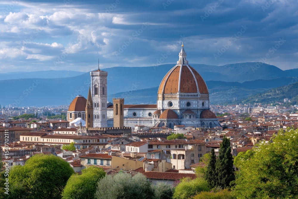 Fototapeta premium Florence skyline features its iconic Duomo dome bell tower and terracotta rooftops set against distant hills