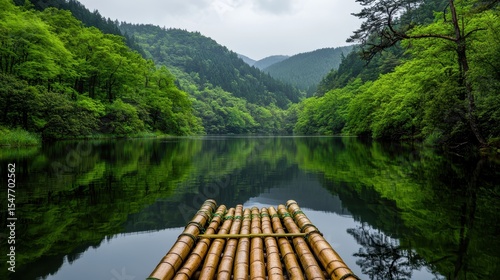 Bamboo raft on a tranquil lake surrounded by lush green mountains nature