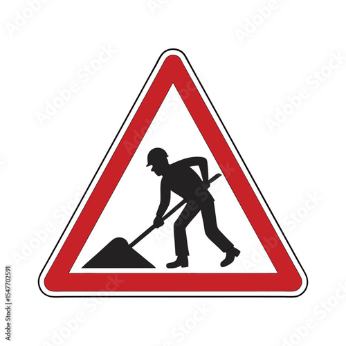 Construction Zone Warning Sign. Triangular Red and White Road Sign with Silhouette of Worker Using Shovel Isolated on White Background