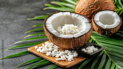 Fresh coconut halves with shredded coconut flesh on a wooden board nestled on palm leaves