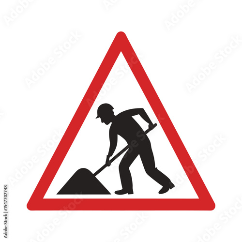Construction Zone Warning Sign. Triangular Red and White Road Sign with Silhouette of Worker Using Shovel Isolated on White Background