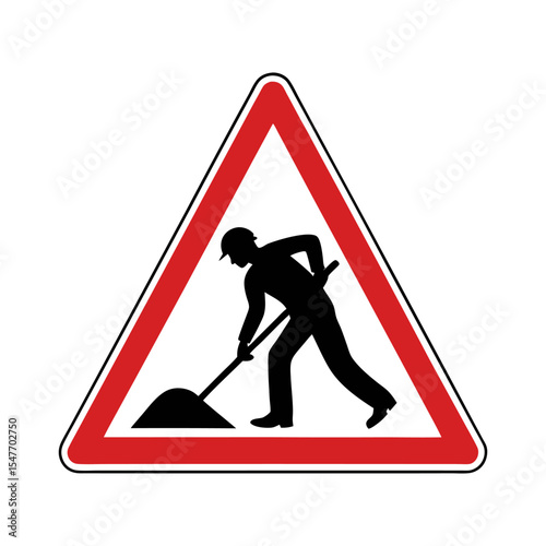Construction Zone Warning Sign. Triangular Red and White Road Sign with Silhouette of Worker Using Shovel Isolated on White Background