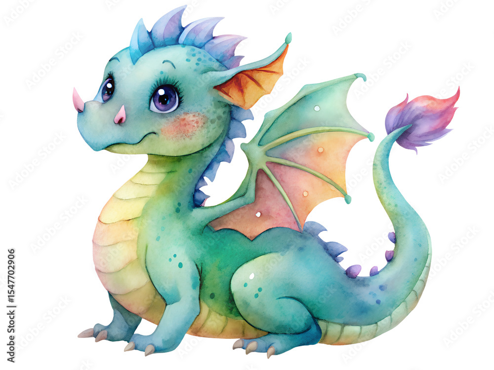 Fototapeta premium Adorable Watercolor Baby Dragon with Rainbow Wings on Transparent Background
