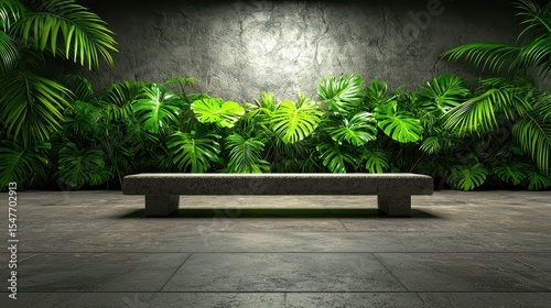 Stone bench in front of a lush tropical plant wall against a grey concrete background
