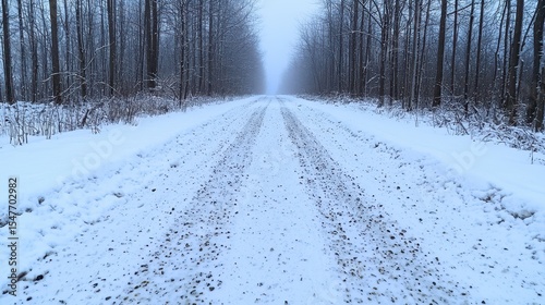 Snow covered gravel road through a winter forest Tire tracks are visible in the snow